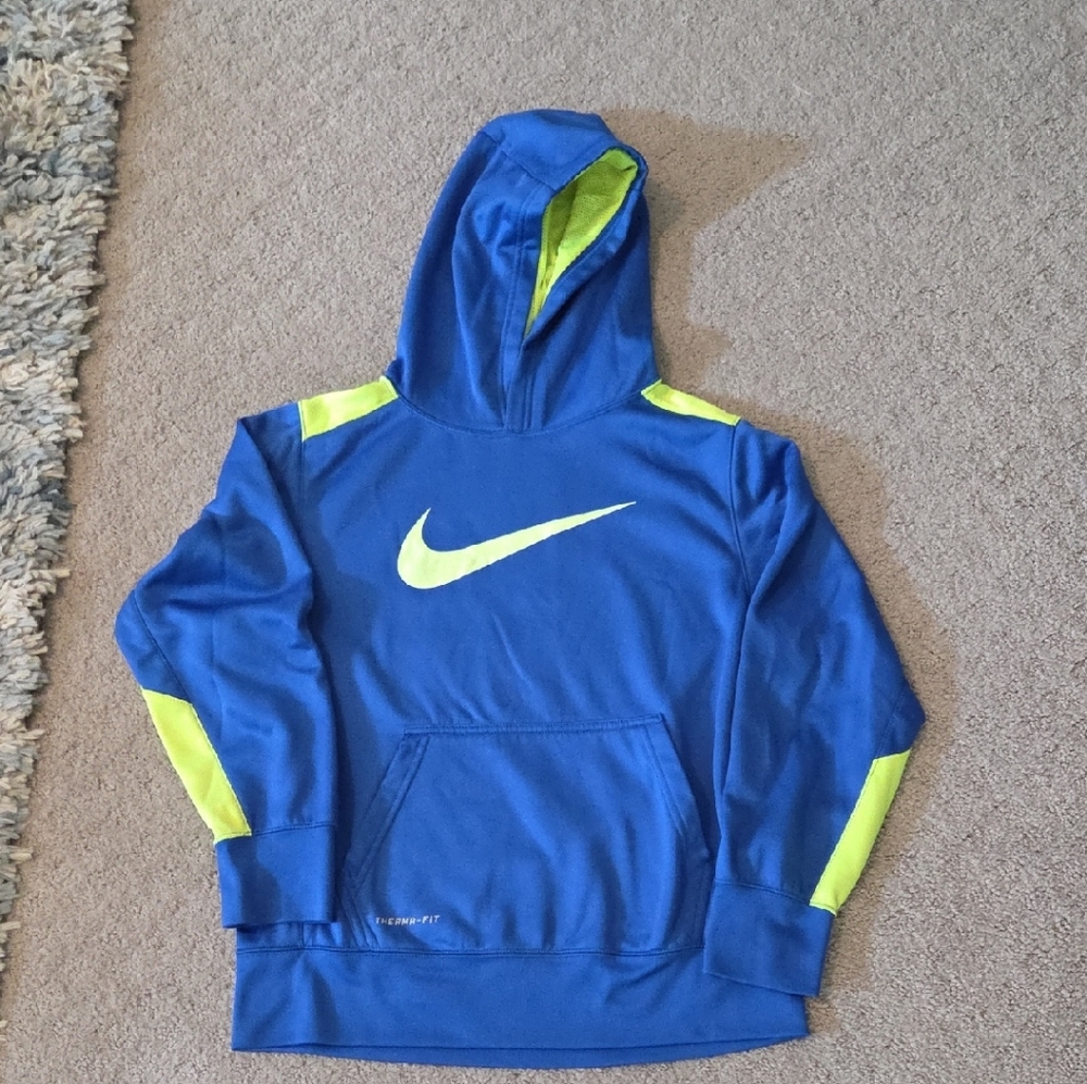 Nike Kids Blue Hoodie with Neon Green Accents